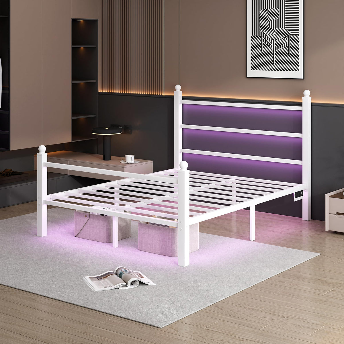 White Full Size Bed Frame with Headboard and Footboard W888715