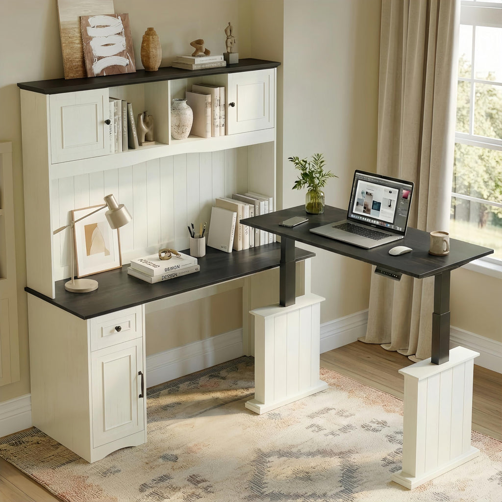 L Shaped Electric Standing Desk with Hutch and Drawers, Antique White N159