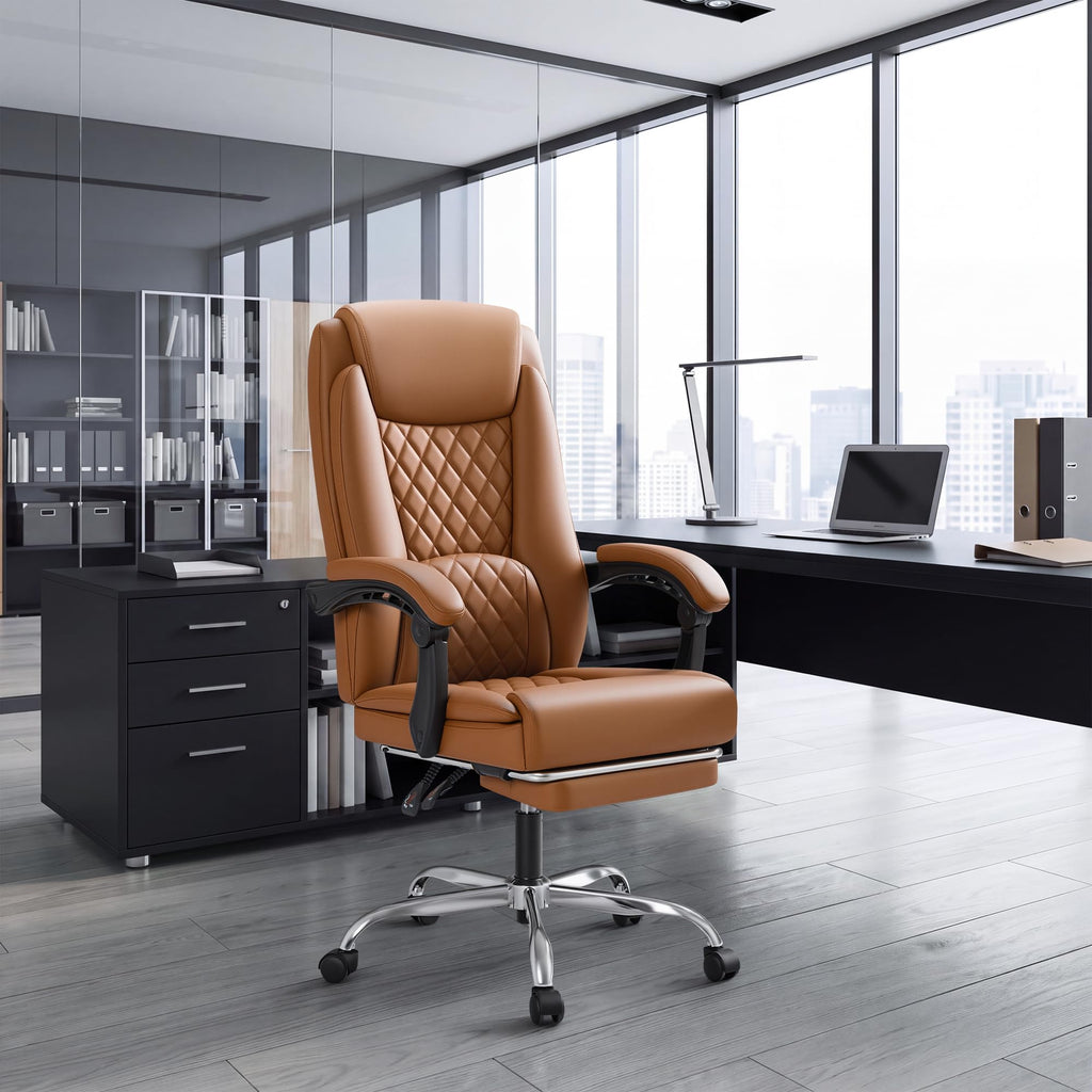Brown Leather Ergonomic High Back Office Chair with Footrest J336