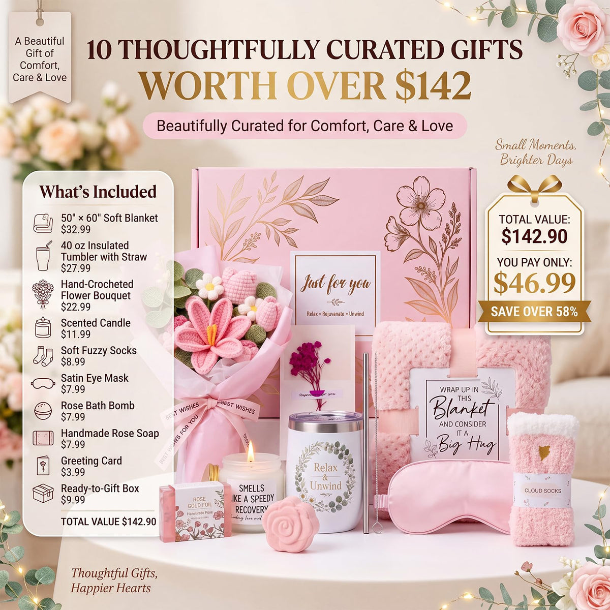 10 PCS Pink Gift Basket with Blanket, Tumbler & Crochet Flowers V903932