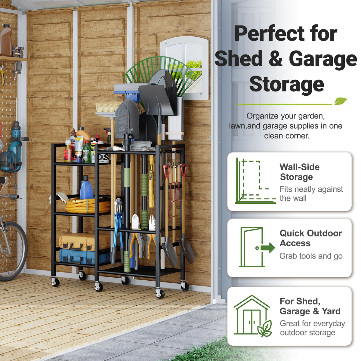 Garden Tool Organizer with 6 Wheels & Hooks I3911