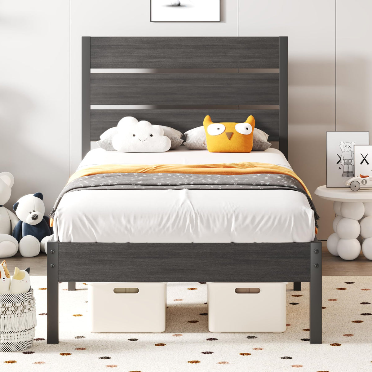 Twin Bed Frame with Headboard and Footboard, Metal, Under-Bed Storage, Grey A9295