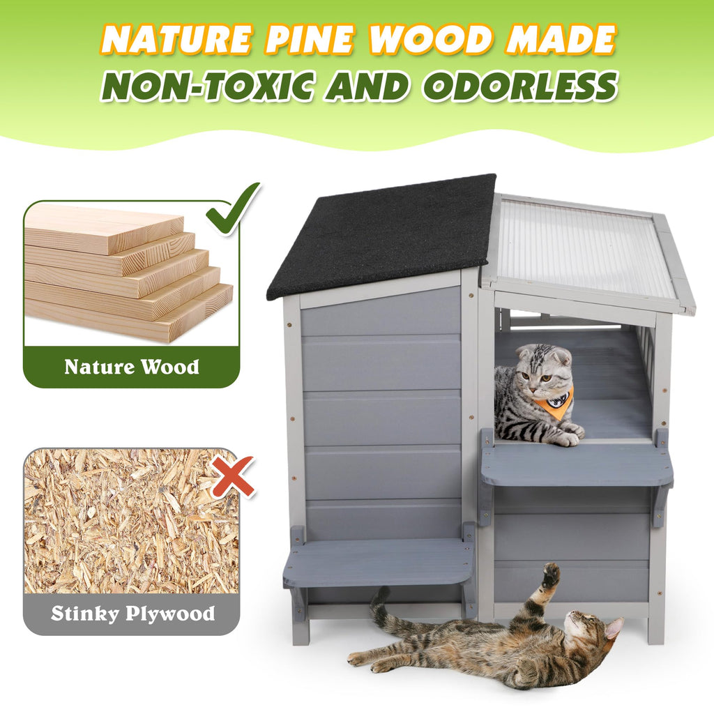 2-Tier Weatherproof Wooden Outdoor Cat House J57909