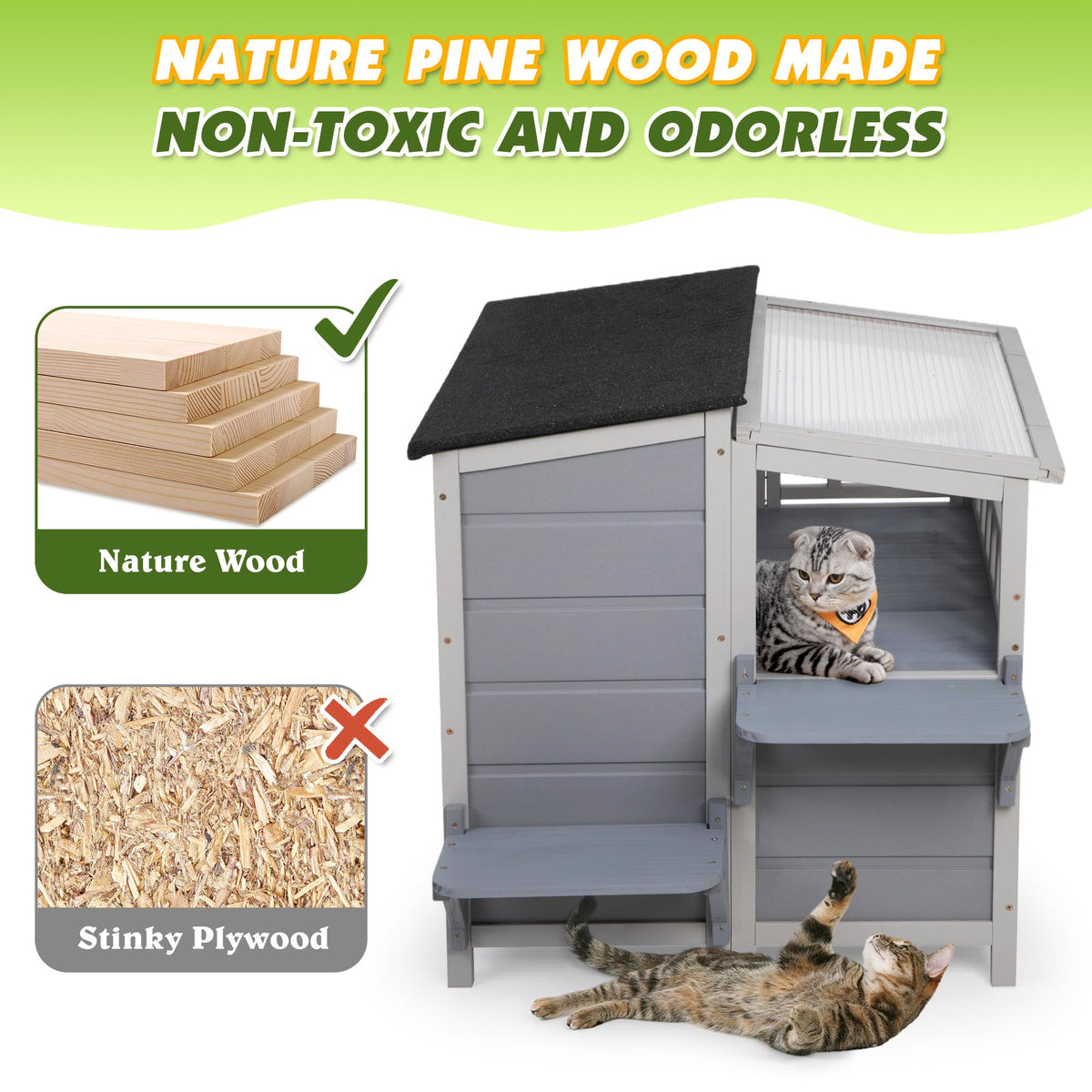 2-Tier Weatherproof Wooden Outdoor Cat House J57909