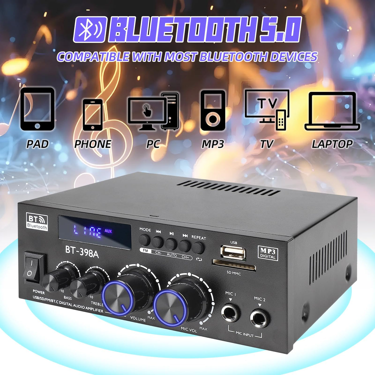 Bluetooth 5.0 Stereo Receivers, 2 Channel 450W Home Amplifier R6519