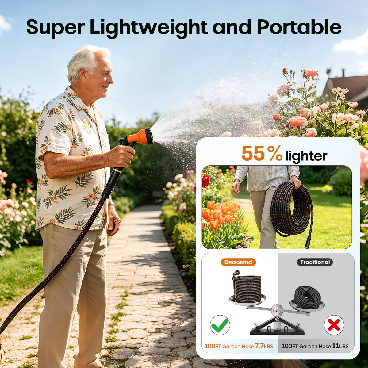 3/4" Flexible Non-Expandable Garden Hose with 10 Function Nozzle, 100ft P9164