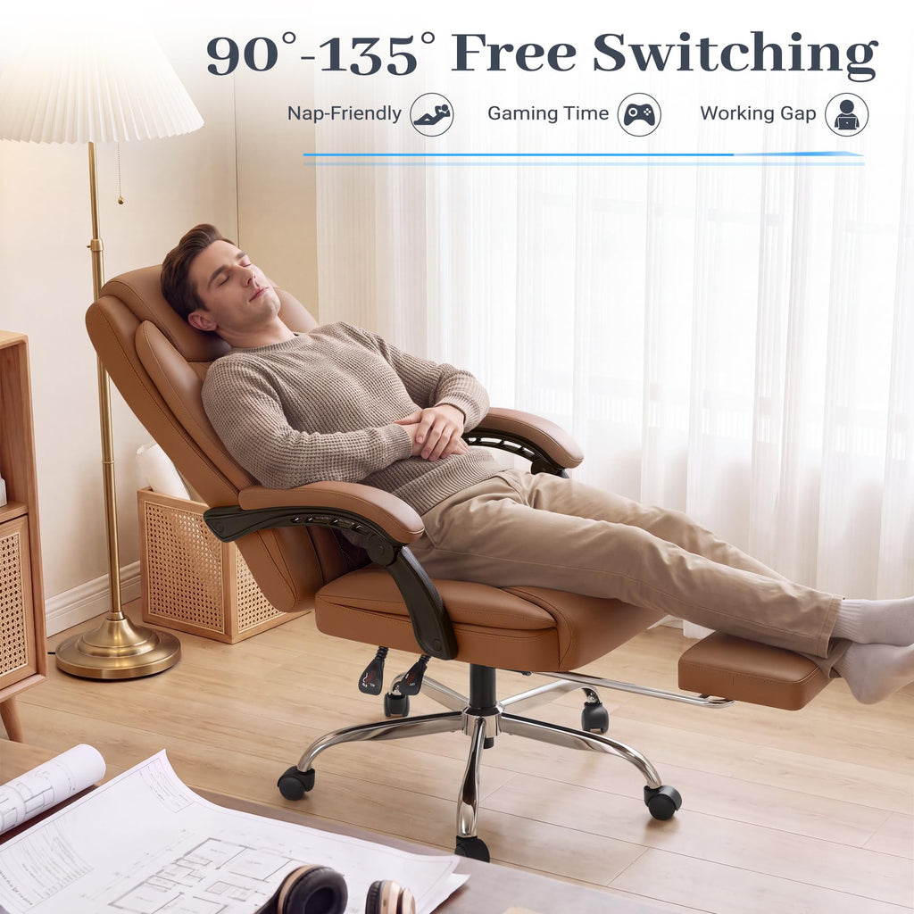 Brown Leather Ergonomic High Back Office Chair with Footrest J336