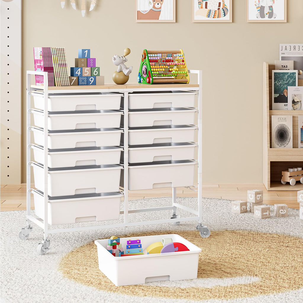 White 12 Drawers Rolling Storage Cart with Wooden Top R301007