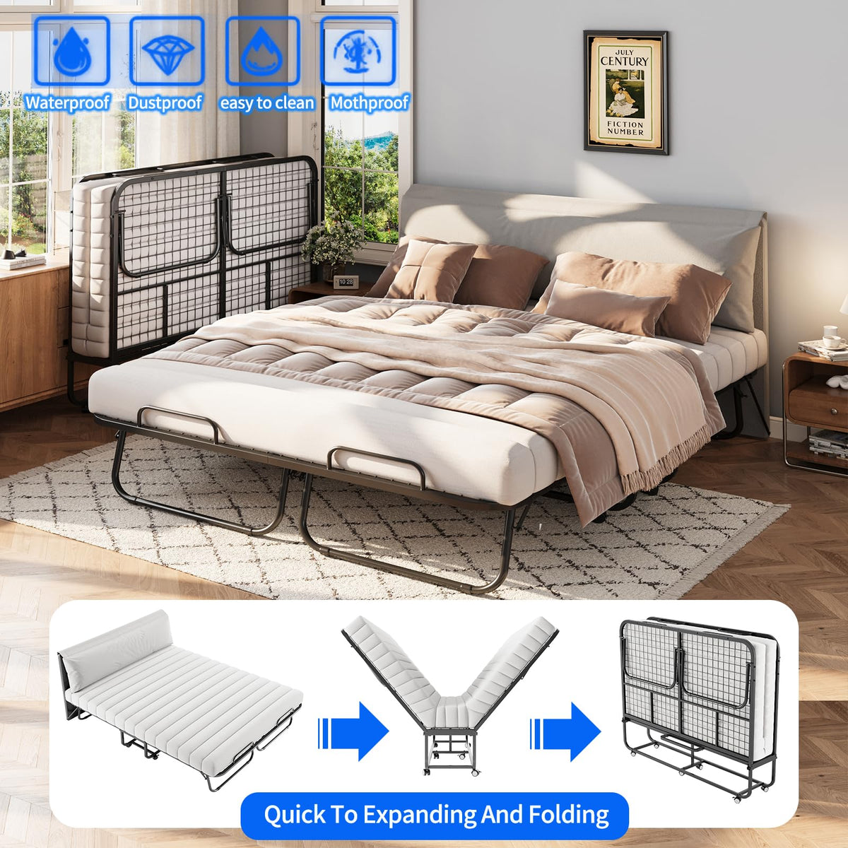 Queen Size Folding Bed with Memory Mattress and Headboard K519