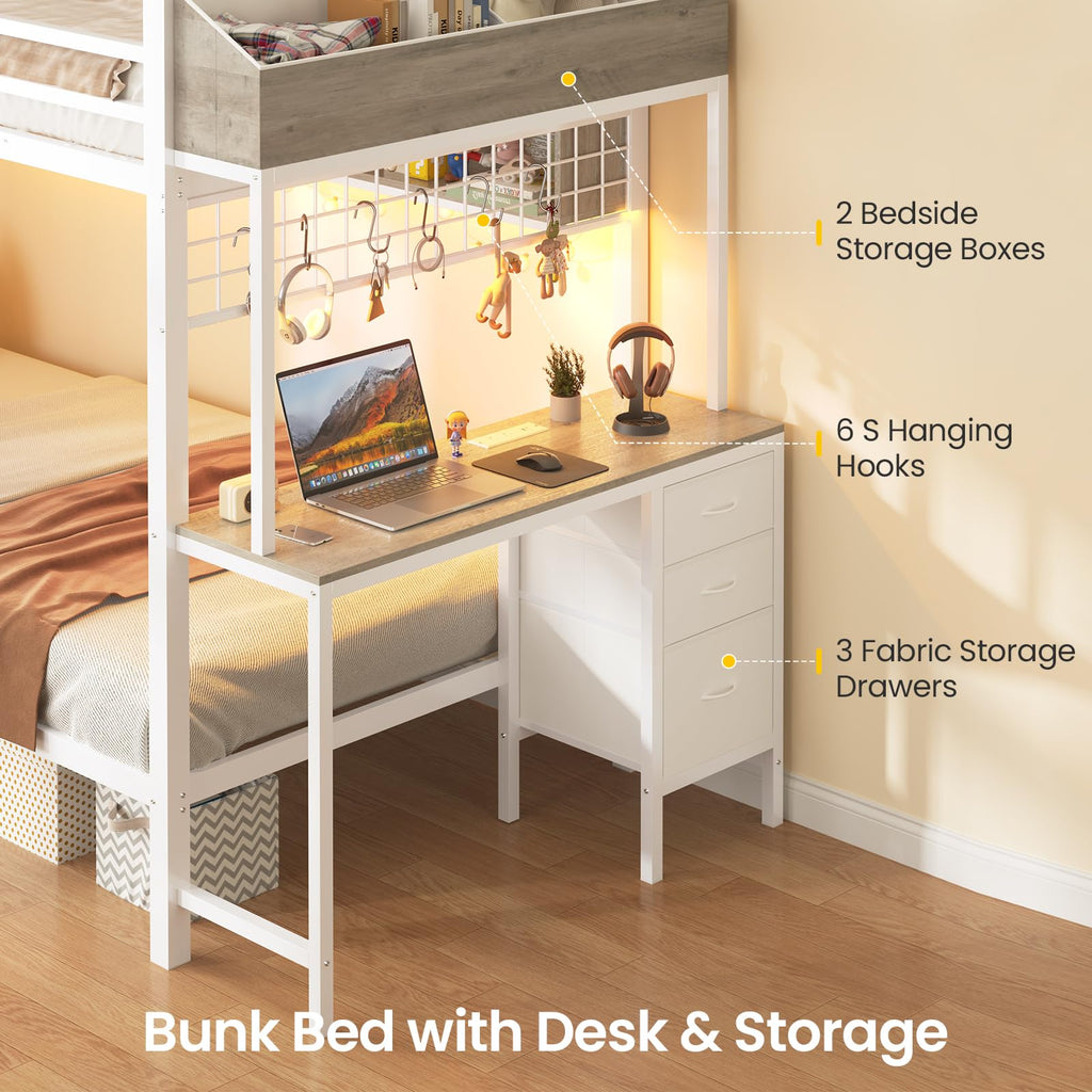 White Twin Over Twin Metal Bunk Bed with Desk and 3 Storage Drawers R70320