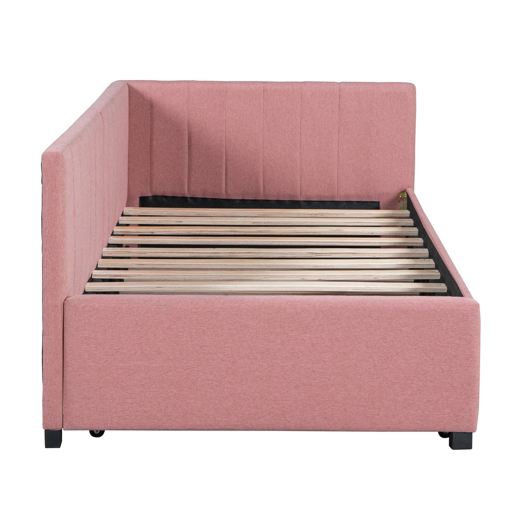 Pink Linen Fabric Twin Size Daybed with Trundle L778