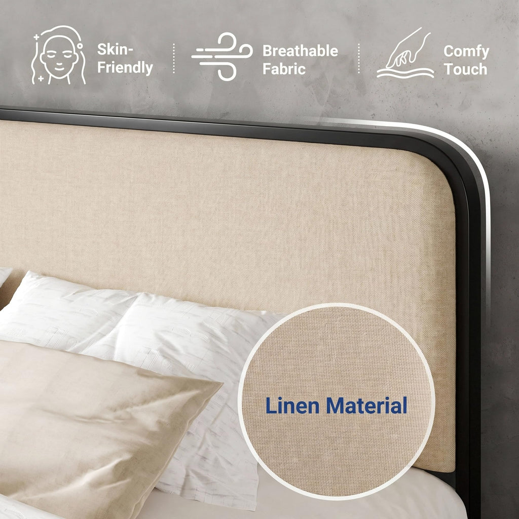 Full Metal Bed Frame with Upholstered, Beige K2597