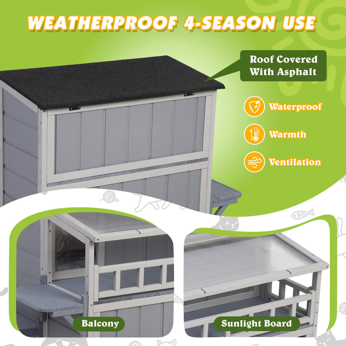 2-Tier Weatherproof Wooden Outdoor Cat House J57909