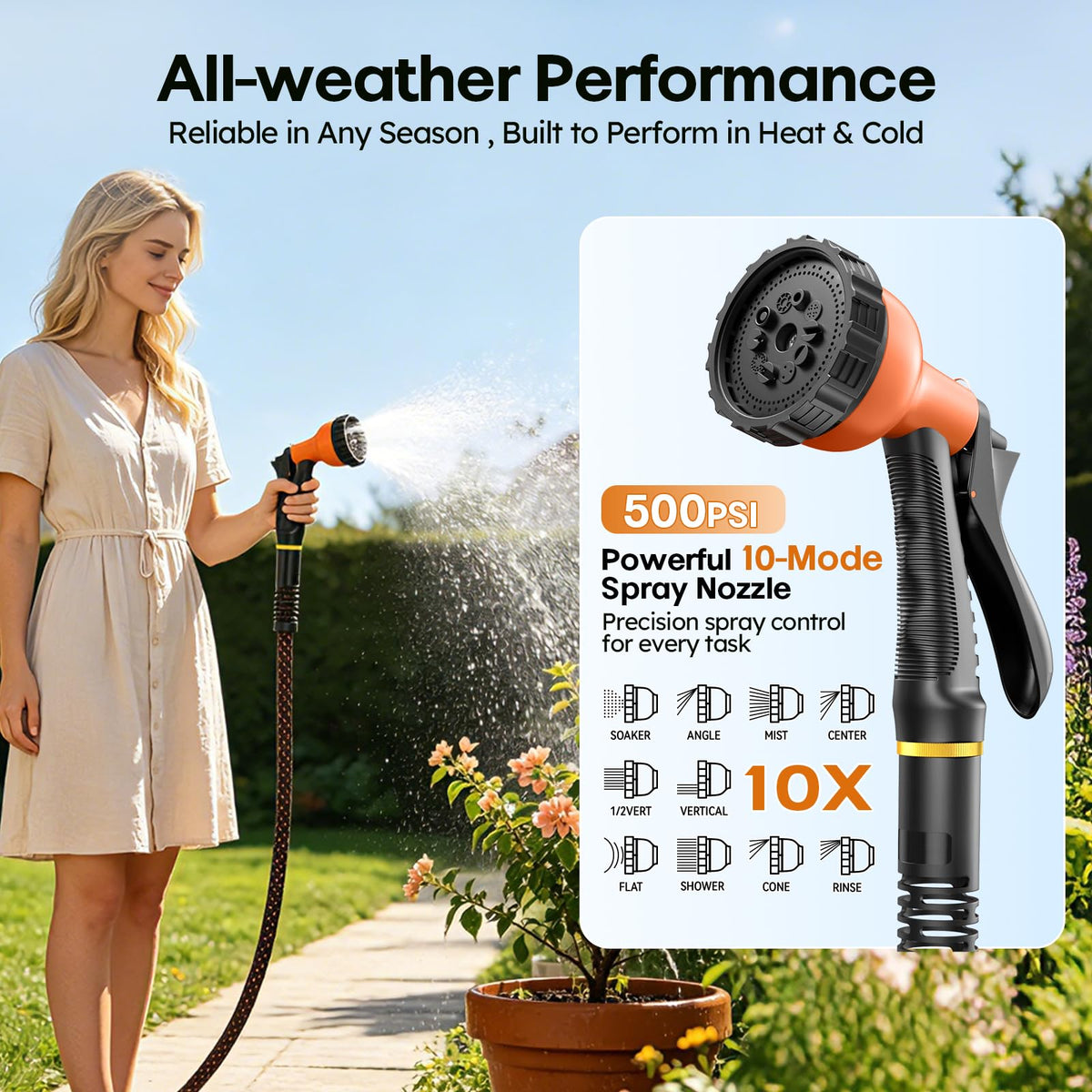 3/4" Flexible Non-Expandable Garden Hose with 10 Function Nozzle, 100ft P9164
