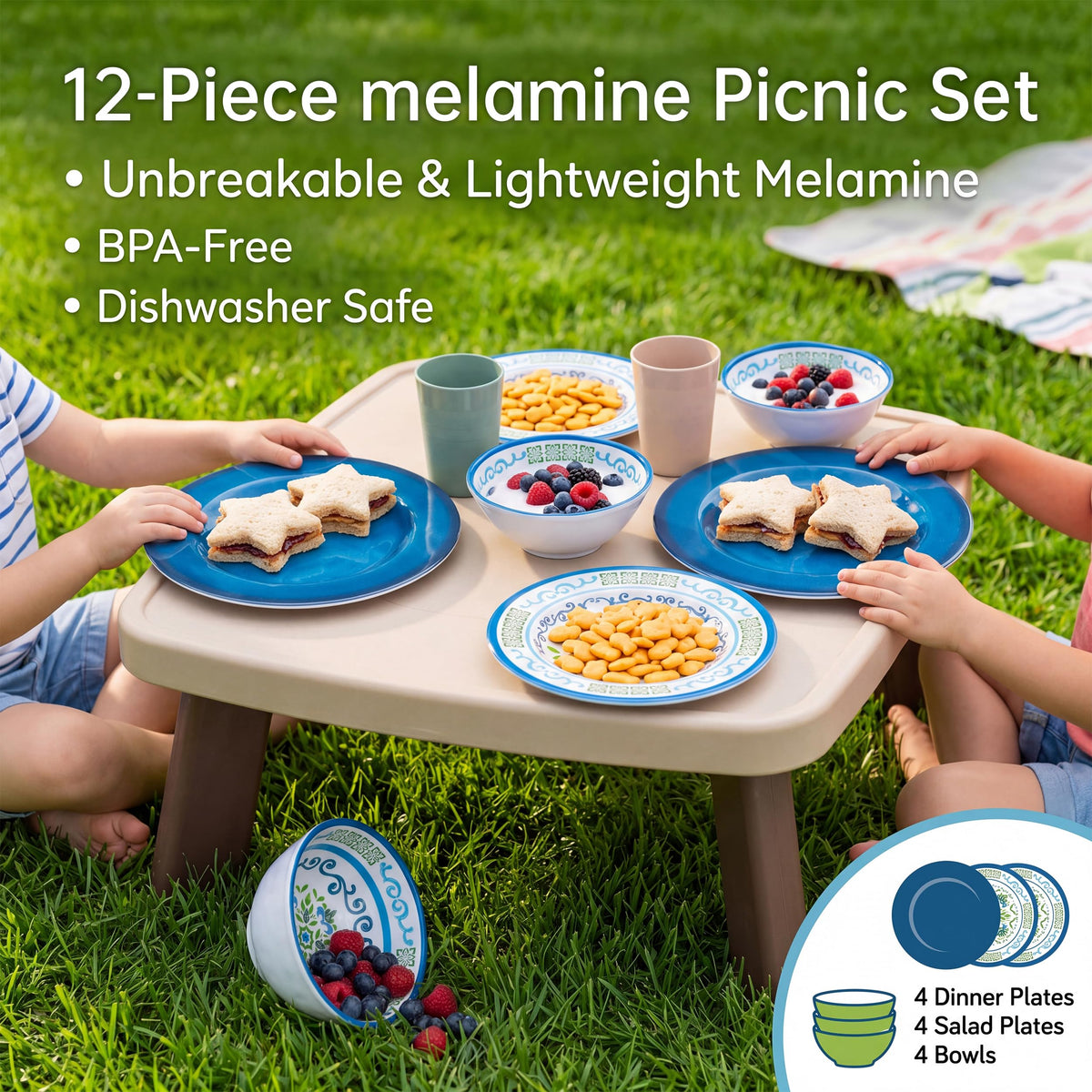 Melamine Dinnerware Set for 4, 12-Piece Blue Floral M230571