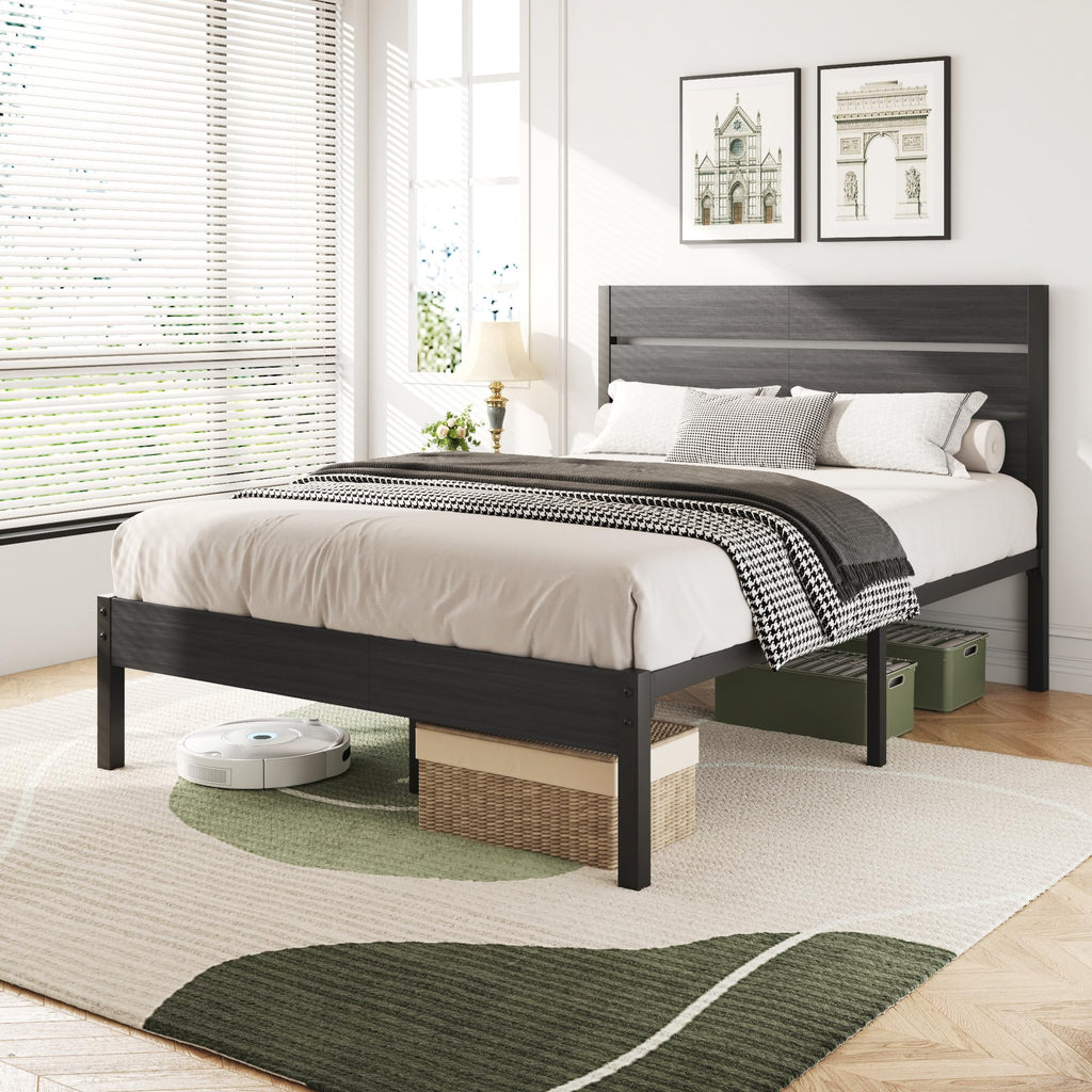 Twin Bed Frame with Headboard and Footboard, Metal, Under-Bed Storage, Grey A9295