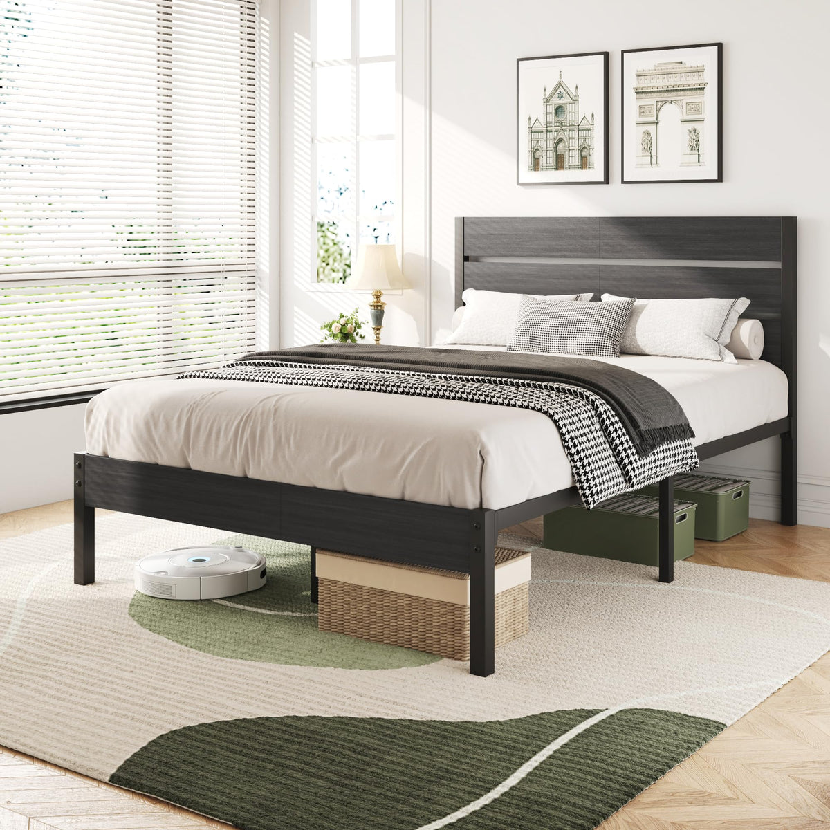 Twin Bed Frame with Headboard and Footboard, Metal, Under-Bed Storage, Grey A9295