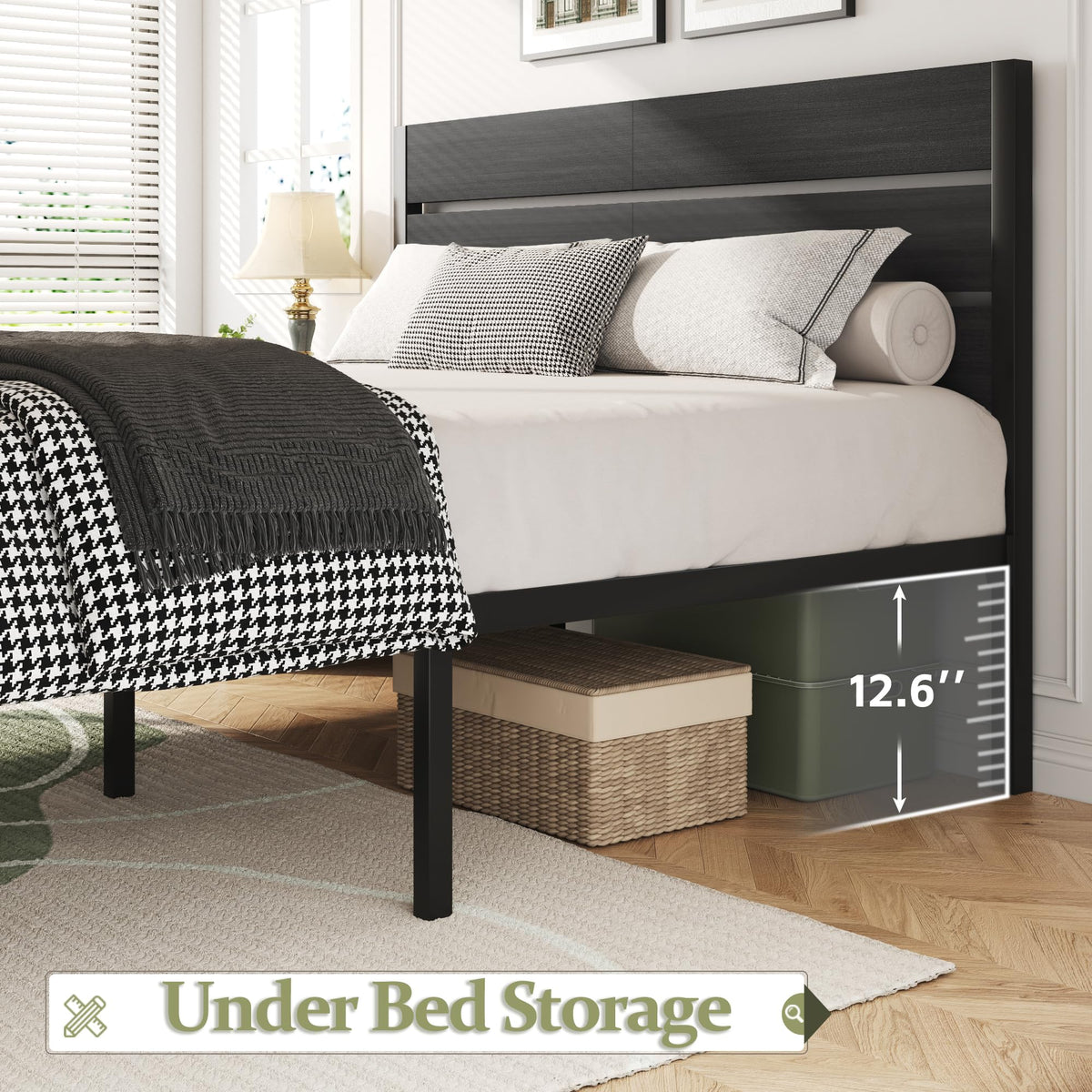 Twin Bed Frame with Headboard and Footboard, Metal, Under-Bed Storage, Grey A9295