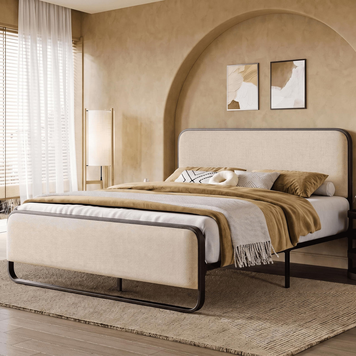 Full Metal Bed Frame with Upholstered, Beige K2597