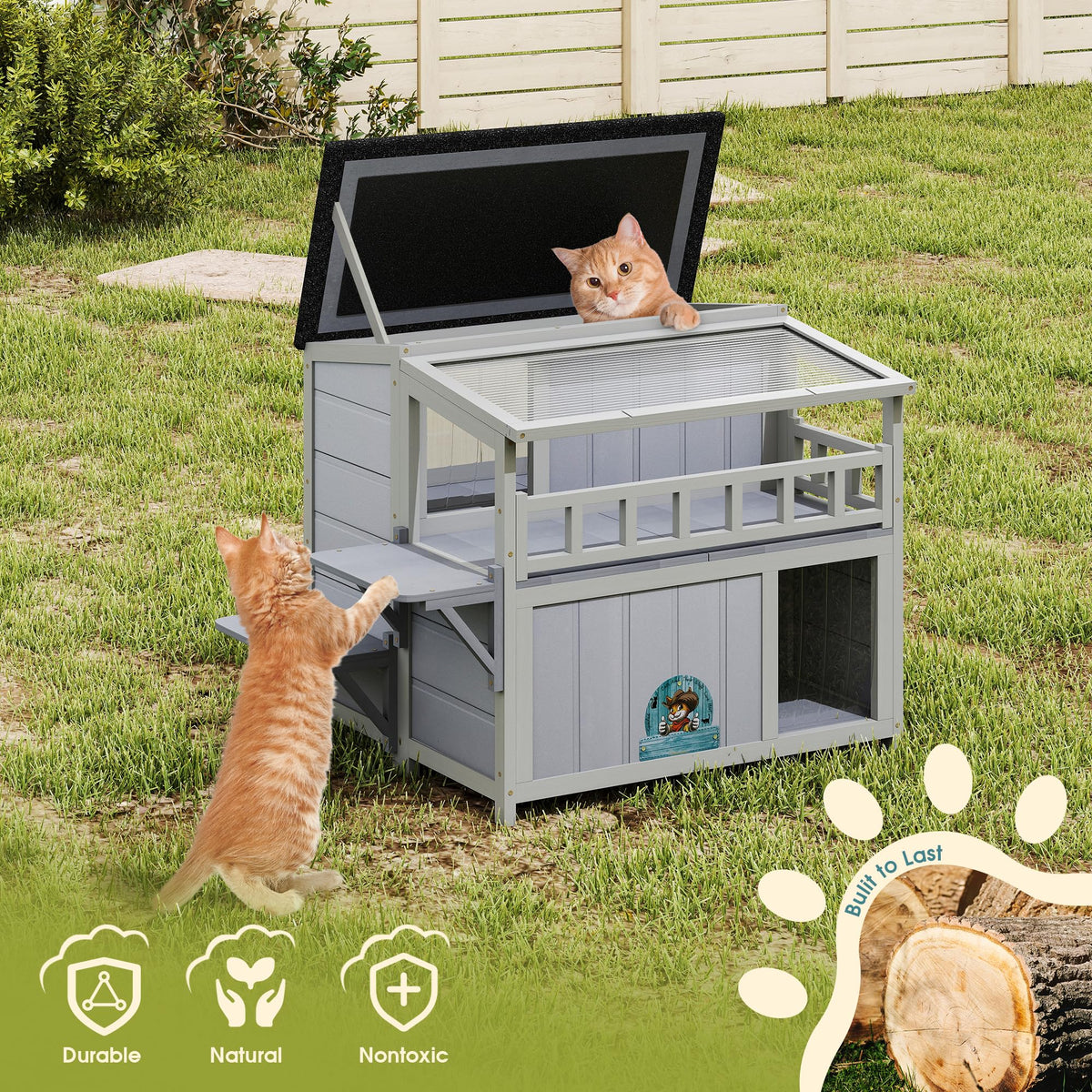 2-Tier Weatherproof Wooden Outdoor Cat House J57909