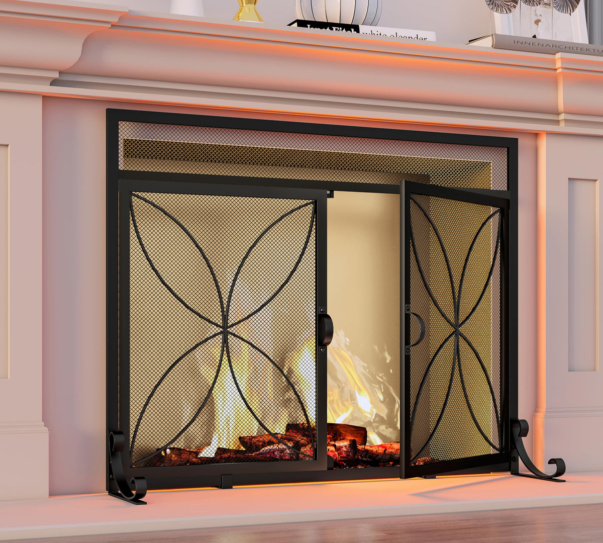 Black Metal Fireplace Screen Magnetic Doors H370