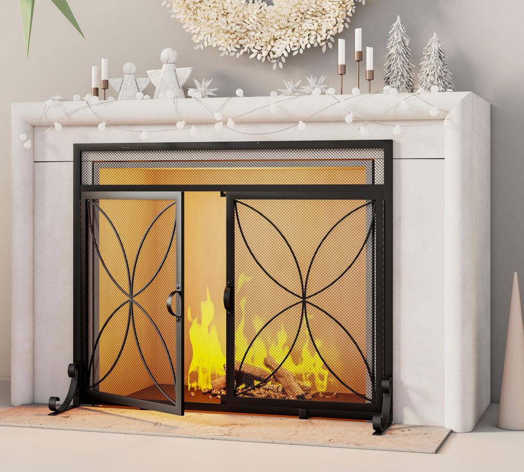 Black Metal Fireplace Screen Magnetic Doors H370