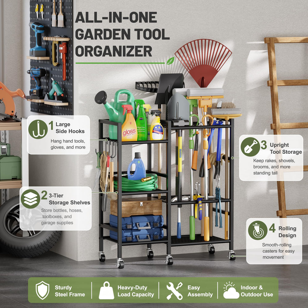 Garden Tool Organizer with 6 Wheels & Hooks I3911