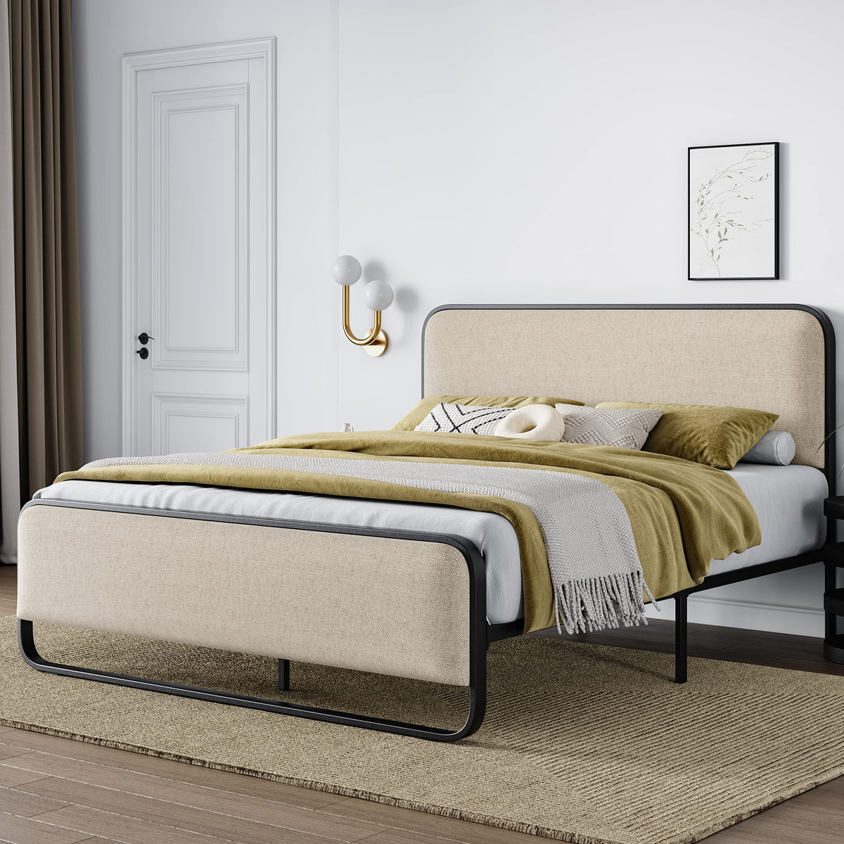 Full Metal Bed Frame with Upholstered, Beige K2597