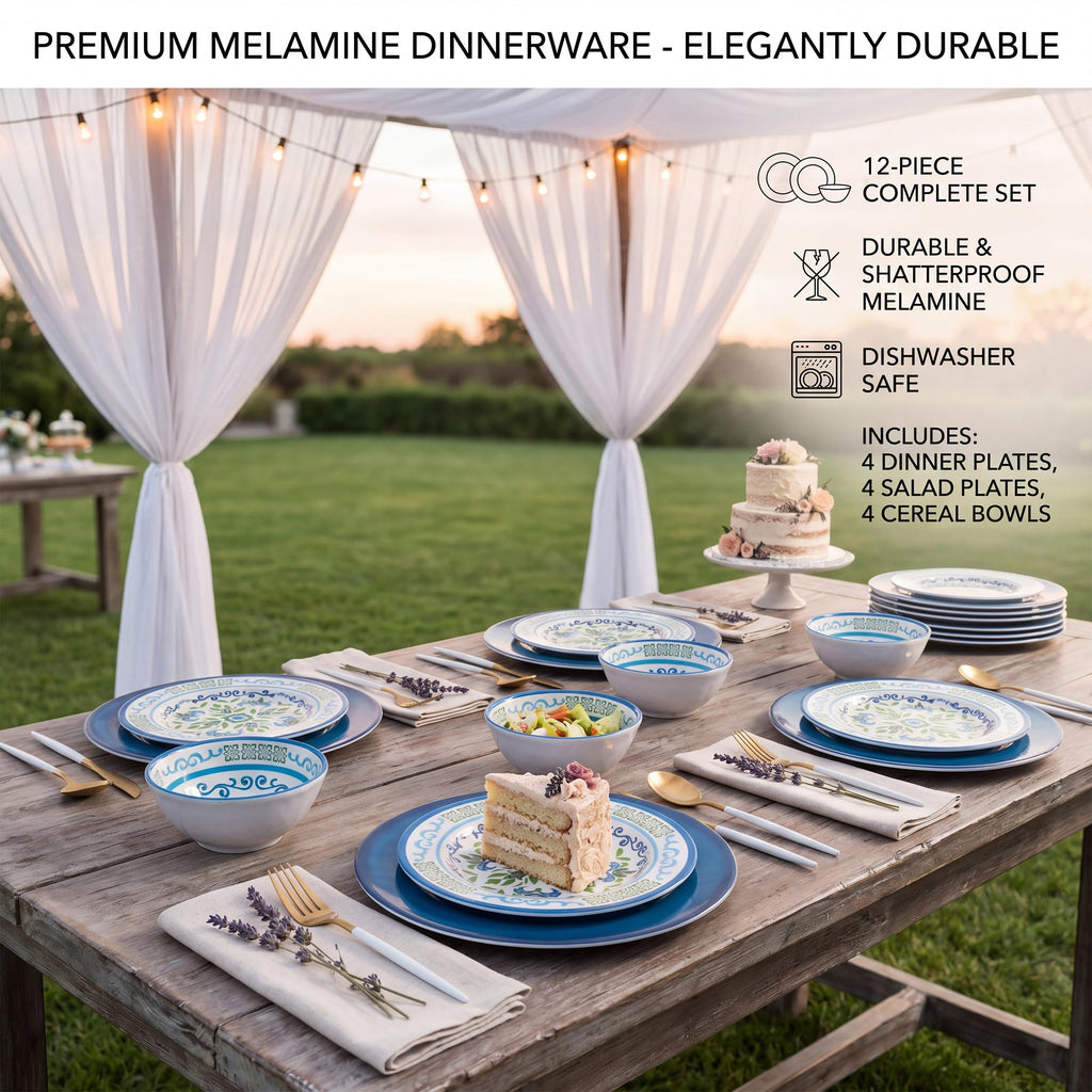 Melamine Dinnerware Set for 4, 12-Piece Blue Floral M230571
