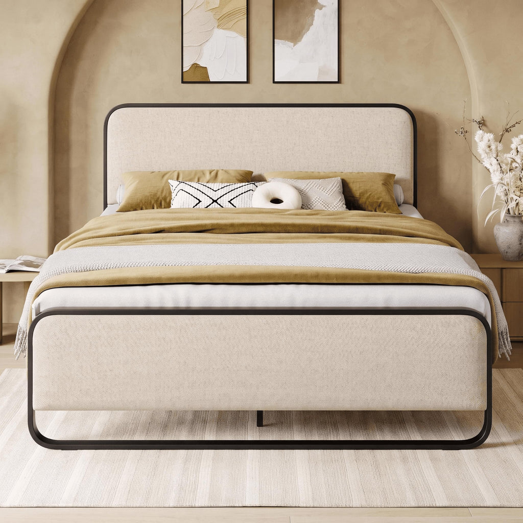 Full Metal Bed Frame with Upholstered, Beige K2597