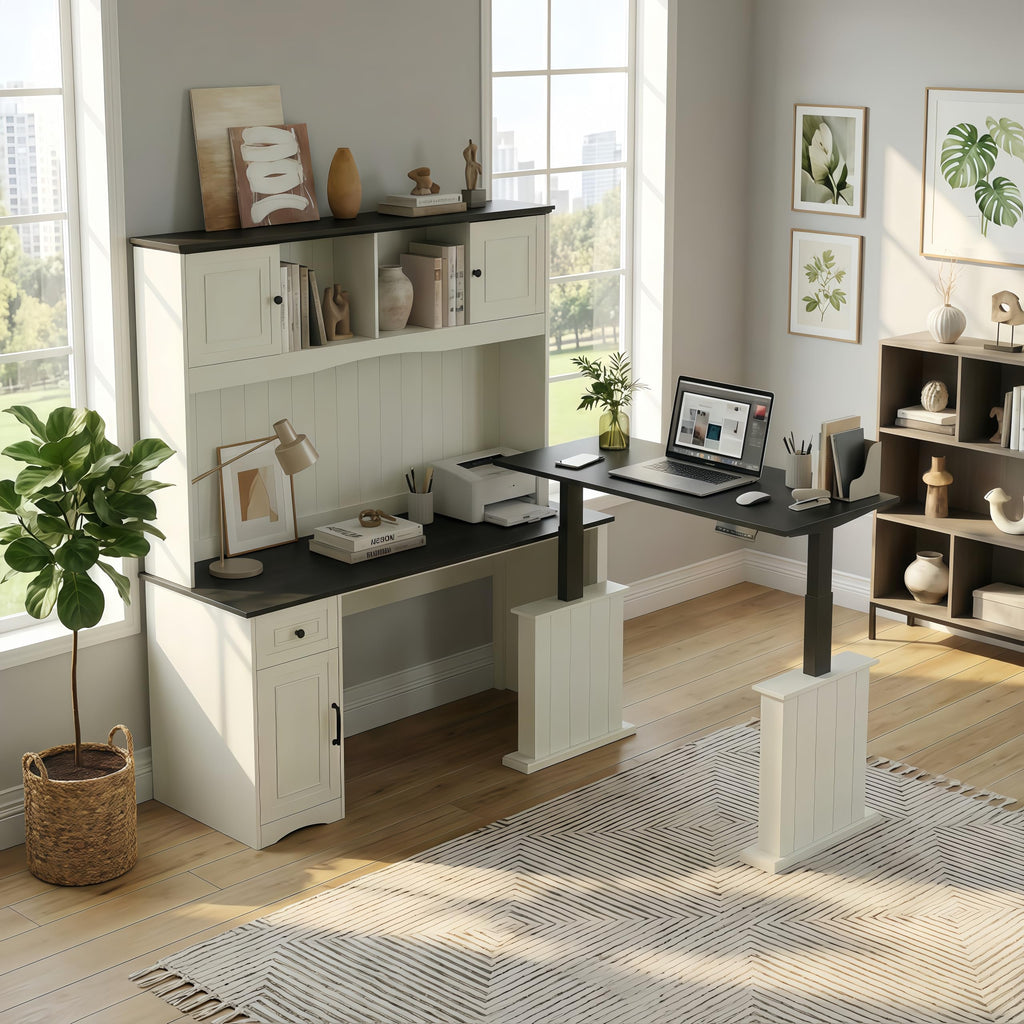 L Shaped Electric Standing Desk with Hutch and Drawers, Antique White N159