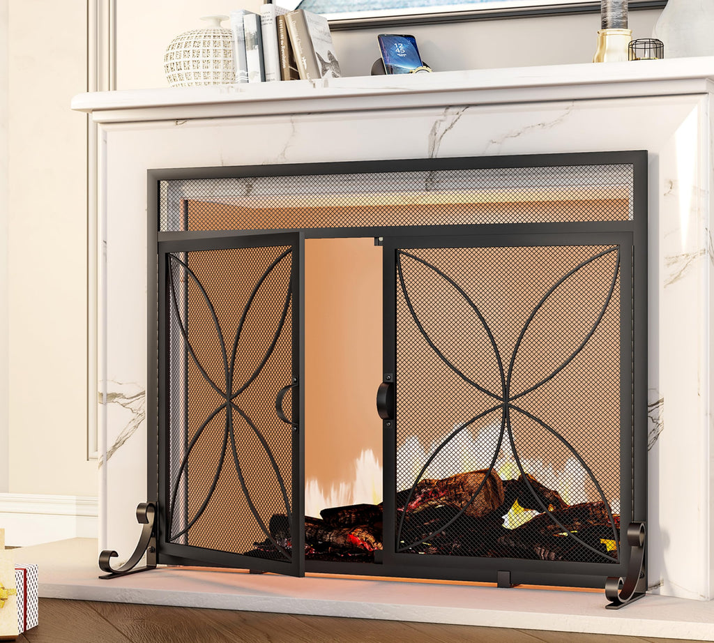 Black Metal Fireplace Screen Magnetic Doors H370